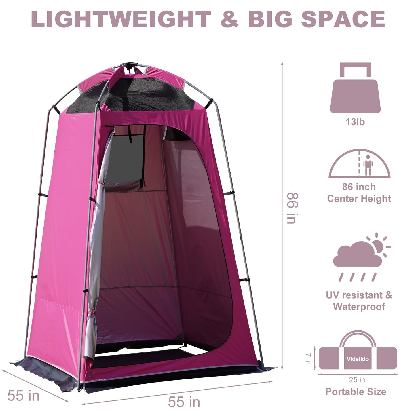 Vidalido Outdoor Camping Shower Tent Easy Setup Changing Room Portable Camp Shower Tents for Camping with Floor, Waterproof Privacy Shelters Toilet Tent (Pink)