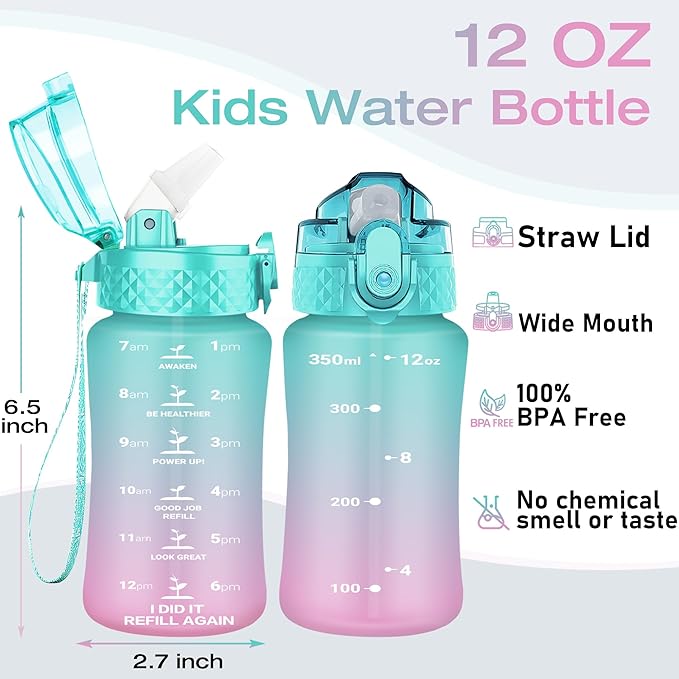 OLDLEY Kids Water Bottle for School, 12 oz (Straw Lid) BPA-Free Reusable Leak-proof Durable Tritan Plastic Water Bottles with One-handed Opening Straw Lids, Anti-dust Spout Cover (Tulips)