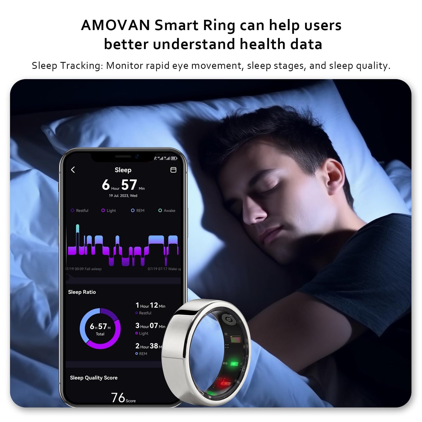 AMOVAN Smart Ring, Health Tracker for Monitor Health, Sleep Tracking Wearable and Heart Rate Fitness Blood Oxygen, IP68 Waterproof, Compatible with iOS and Android