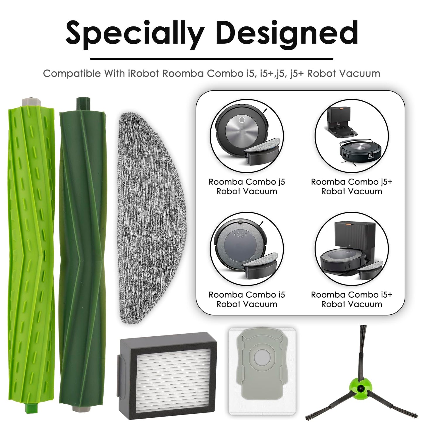 (20 Pack) Combo i5+ Replacement Parts Compatible with iRobot Roomba Combo i5, Combo j5, Combo j5+ Robot Vacuum Accessories, Dual Roller Brushes, 6 Side Brushes, 5 HEPA Filters, 4 Dust Bags, 3 Mop Pads