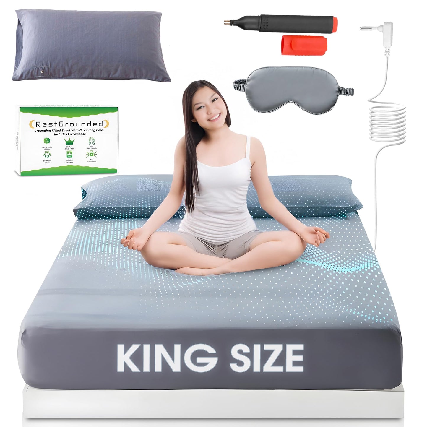 Grounding Fitted Sheet for Earthing King Size, 95% Organic Cotton+5% Silver Fiber, Gray Conductive Grounded Sheets, 400 Thread Count Soft Earthing Sheet with Grounding Cord for Healthy Sleep Therapy