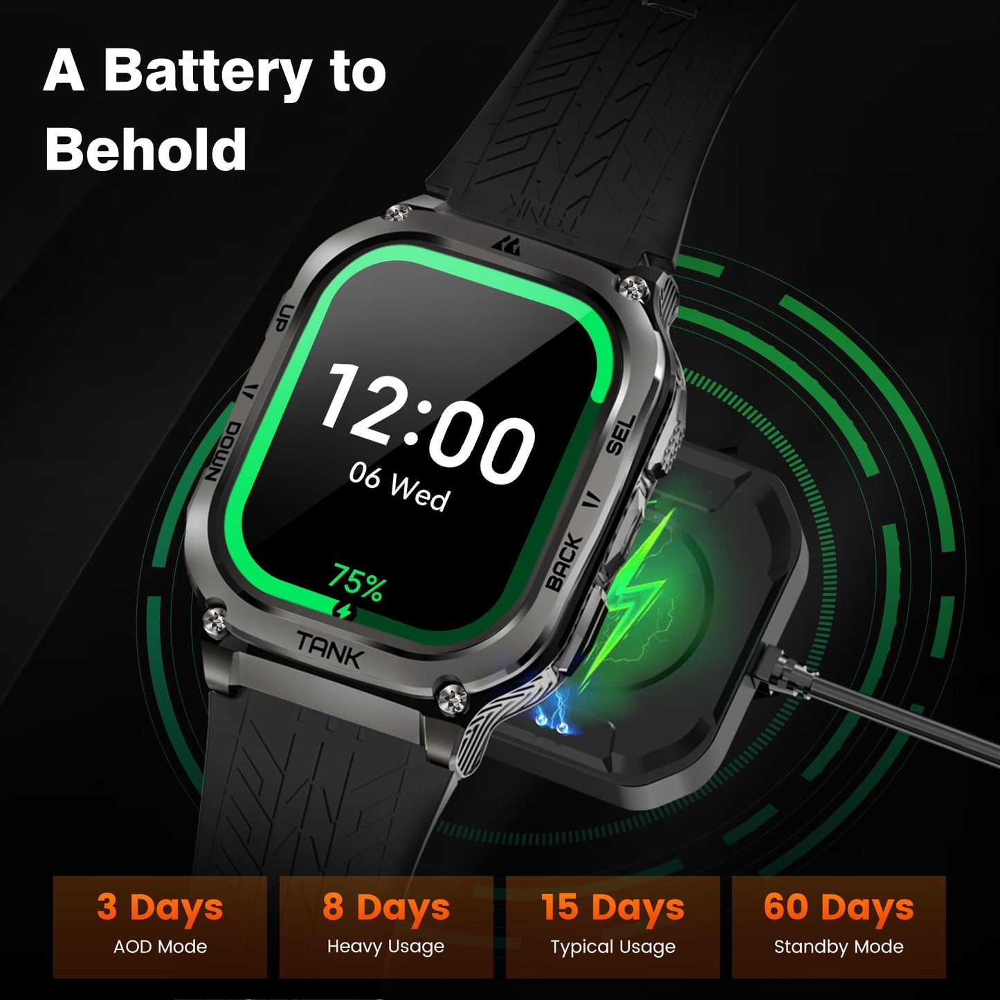 AMAZTIM Smart Watch, 60 Days Extra-Long Battery, 5ATM Waterproof Swimming Diving, Full Metal Military Grade, Answer/Make Call, 2" AMOLED Display, Health Monitor Compatible for iPhone and Android
