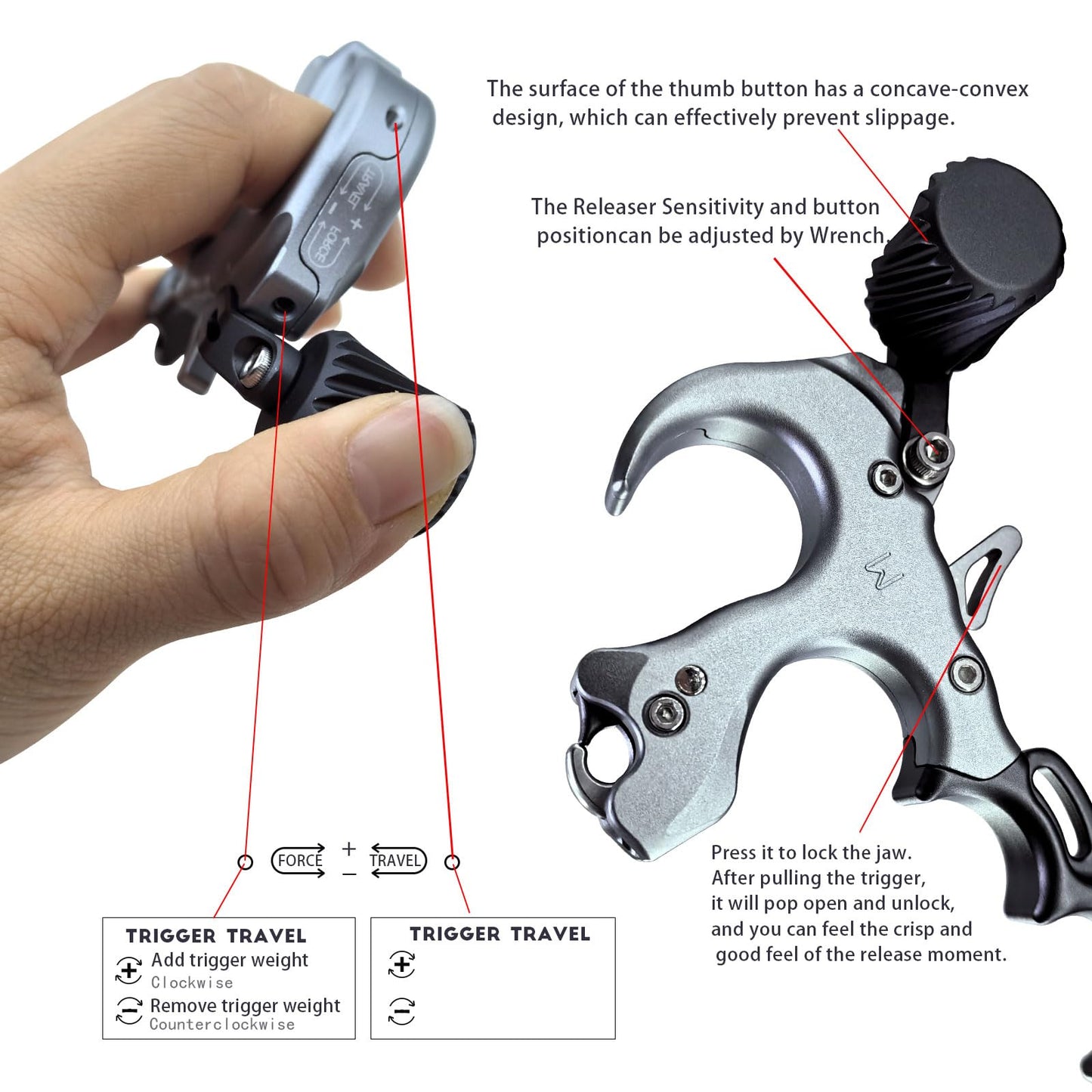 Compound Bow Aid Releaser with Wrist Straps and Adjustment Tool,Archery Release Aids with 3&4 Thumb Release Adjustable,Aluminum Alloy Aids.for left and right Handers. (Grey)