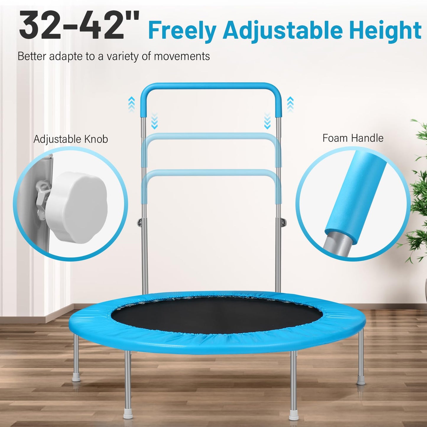 Lyromix 48Inch Rebounder Trampoline for Adults with Adjustable Bar, Mini Fitness Trampoline for Adults and Kids, Small Exercise Trampoline with Handle for Indoor Outdoor Workout, Blue