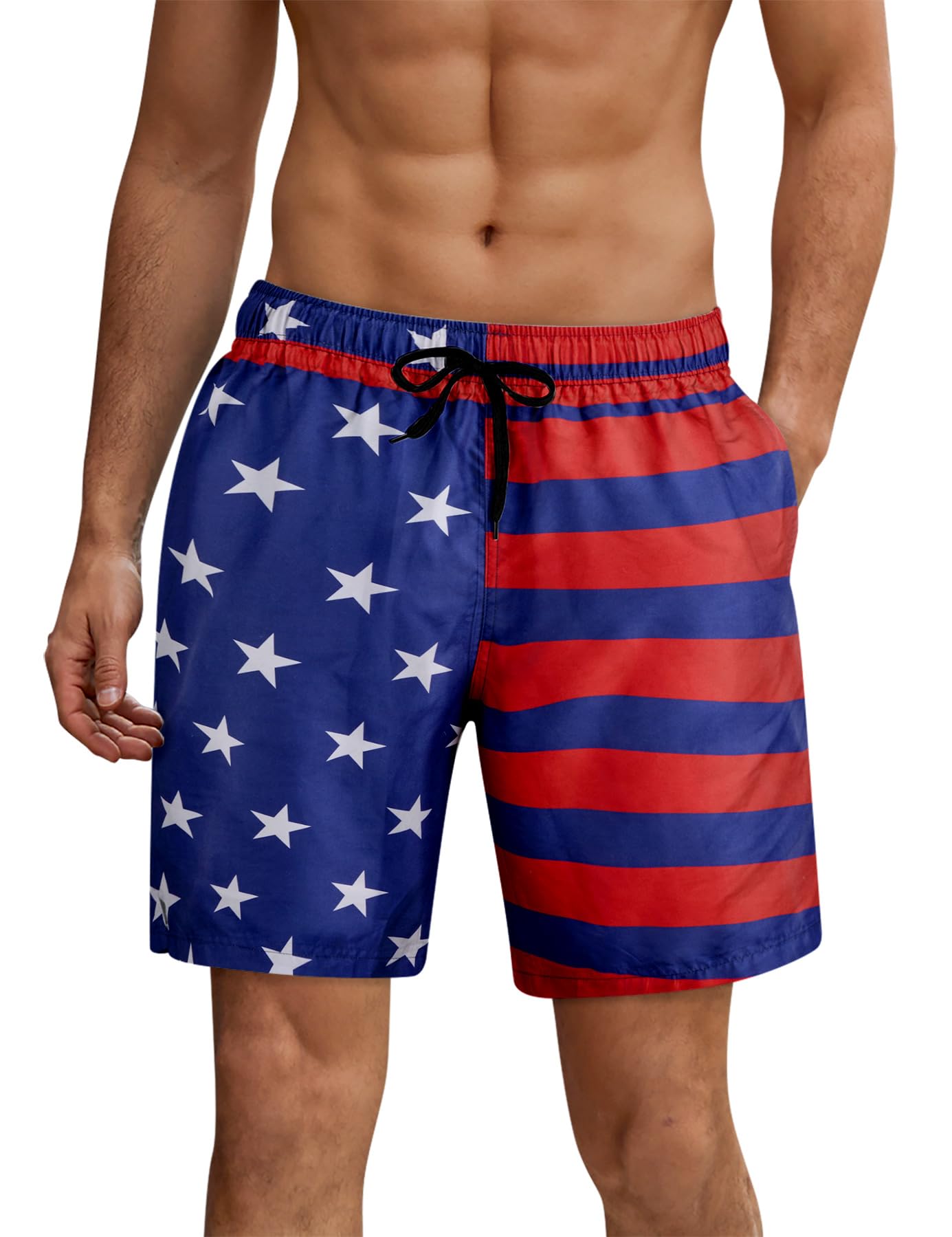 ALISISTER Men Fourth of July Swim Trunks Compression Liner American Board Shorts USA Flag Independence Day Boardshorts Swimsuits Swimwear 7 Inch