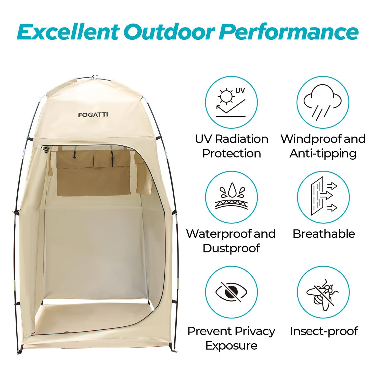 FOGATTI Portable Camping Shower Tent with Floor, 6.9 FT Extra Tall Shelter with 3 Internal Pockets and Carry Bag, Outdoor Privacy Tent for Shower Changing Dressing, Wind-Proof, Oversize, Easy Set Up