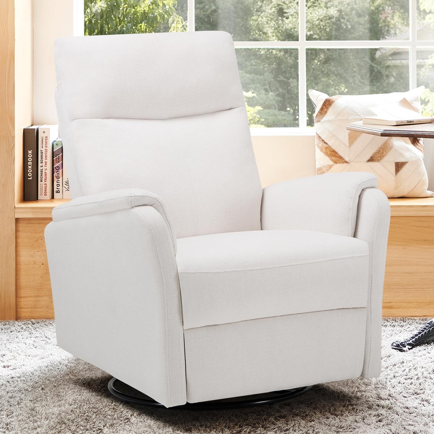 COLAMY Swivel Rocking Recliner Chair, Nursery Rocker Glider Recliner with Extra Large Footrest, Deep Seat, High Back, Upholstered Fabric Reclining Single Sofa for Living Room-White