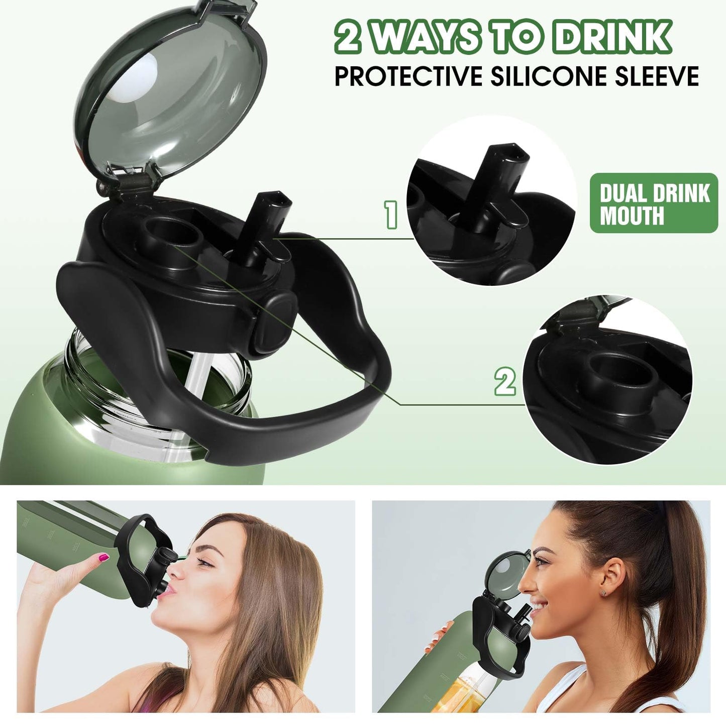 Glass Water Bottles 64 oz - Large Half Gallon Motivational Glass Water Bottle with Time Marker Straw Phone Holder Handle, 64oz Daily Water Intake Jug with Silicone Sleeve for Office Work Gym Olive