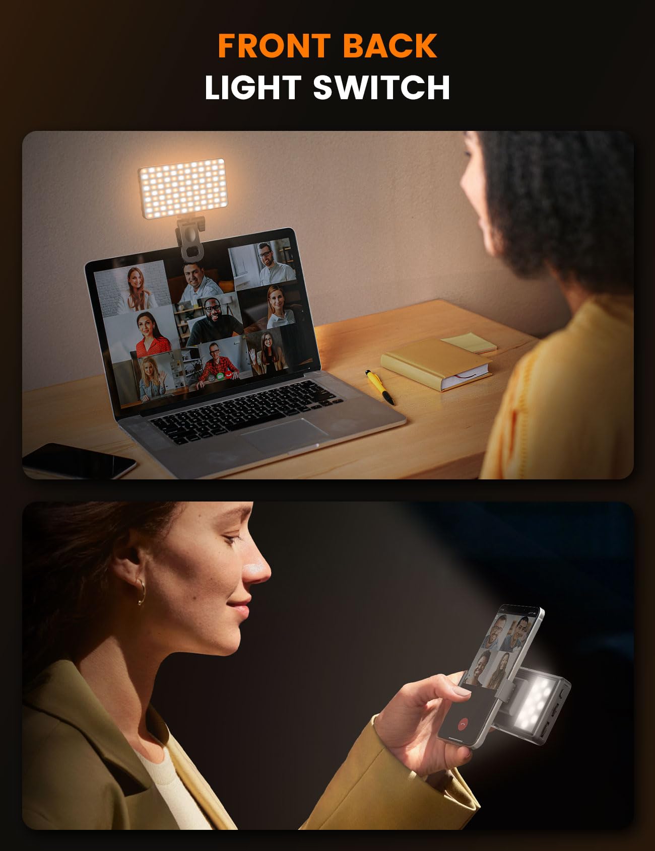 ANXRE Video Conference Lighting Dual-Sided, Stepless Dial Adjustment, 3000mAh Rechargeable, Portable Clip-on Design for Phone, Laptop Light for Zoom Meeting, Live Streaming, Remote Work & Recording