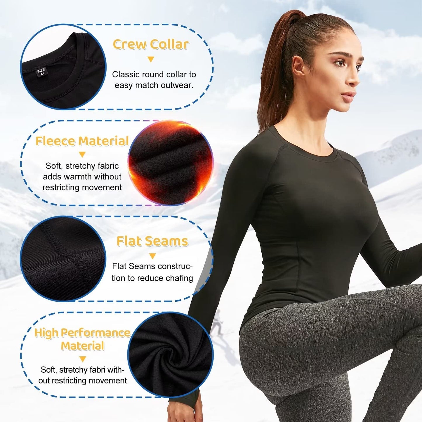 Womens Thermal Tops Long Sleeve Fleece Hiking Ski Base Layer Women Cold Weather Sports Gym Shirts Athletic Ladies Thermal Underwear Tops for Workout Running,Quick Dry Moisture Wicking 5021 Black S