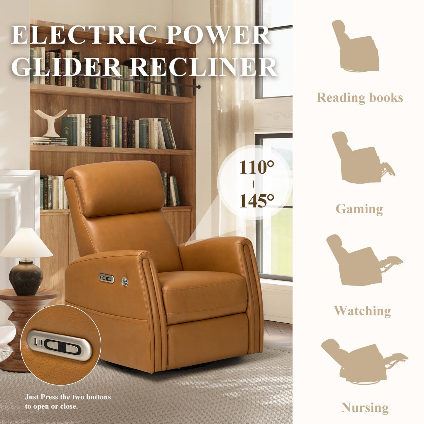 COLAMY Electric Power Swivel Recliner Chair, PU Leather Rocking Chair, 270° Swivel 145° Recliner Chair with Built-in Charging Ports for Living Room, Home, CognacBrown