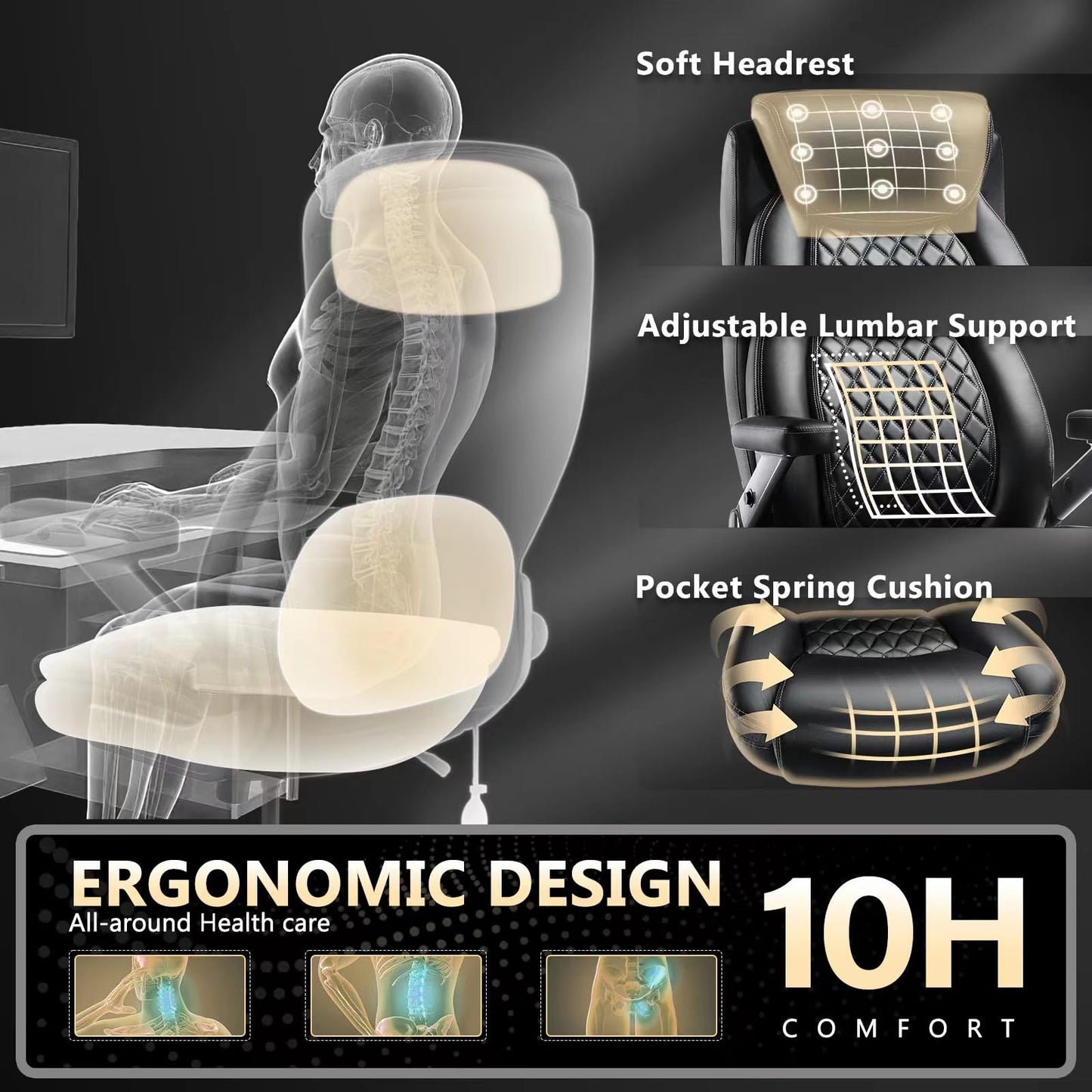 600LBS Large Heavy Duty Office Chair with 5D Flip Arms, Big and Tall Office Chair with Pocket Spring Cushion, High Back Computer Execuitve Desk Chair with Adjustable Lumbar Support,Dual Rubber Wheel