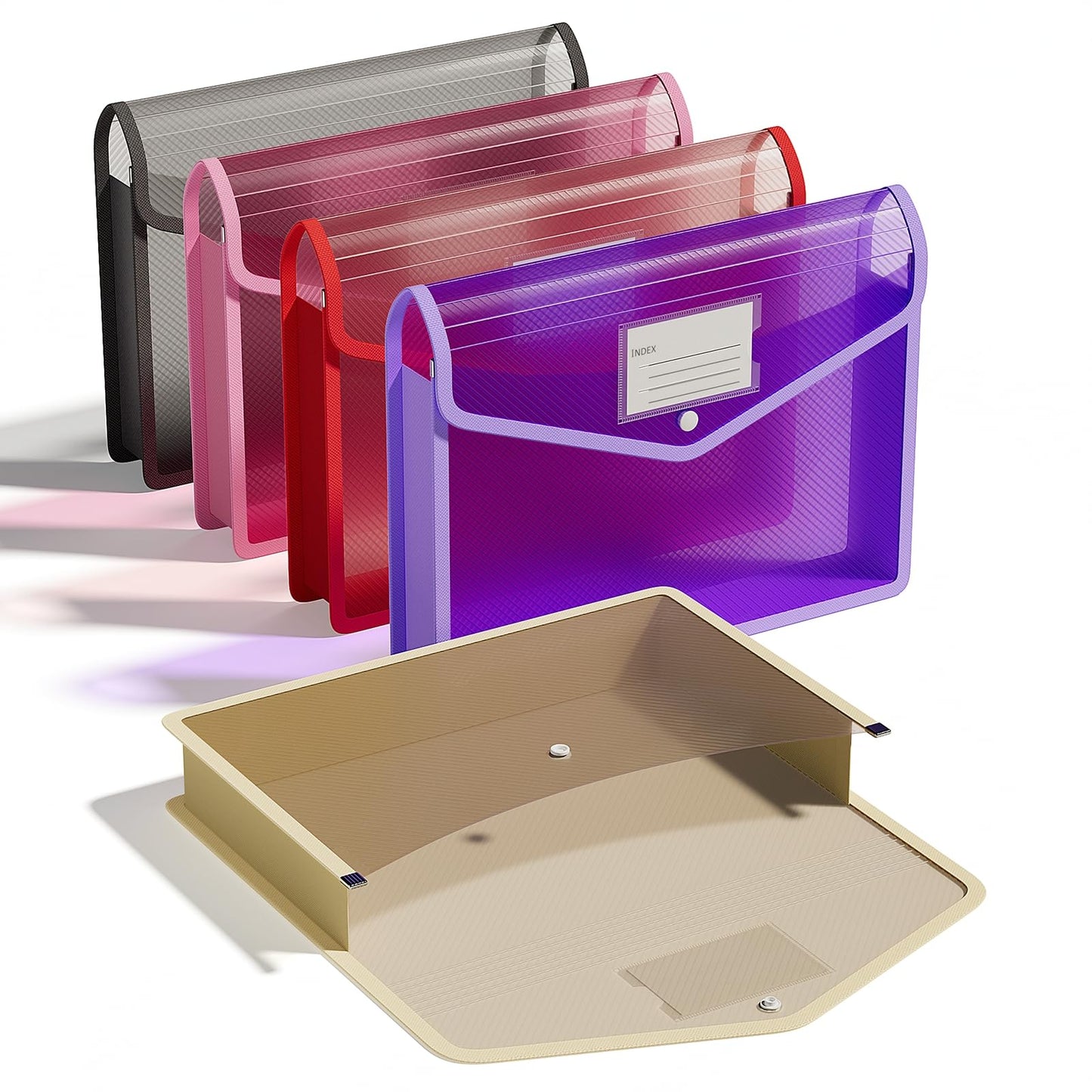 ThinkTex Plastic Expanding File Folder, Transparent envelopes with Snap Closure, No Dividers, Large Capacity, Assorted Colors, Fit Letter/A4 Size - 5 Packs
