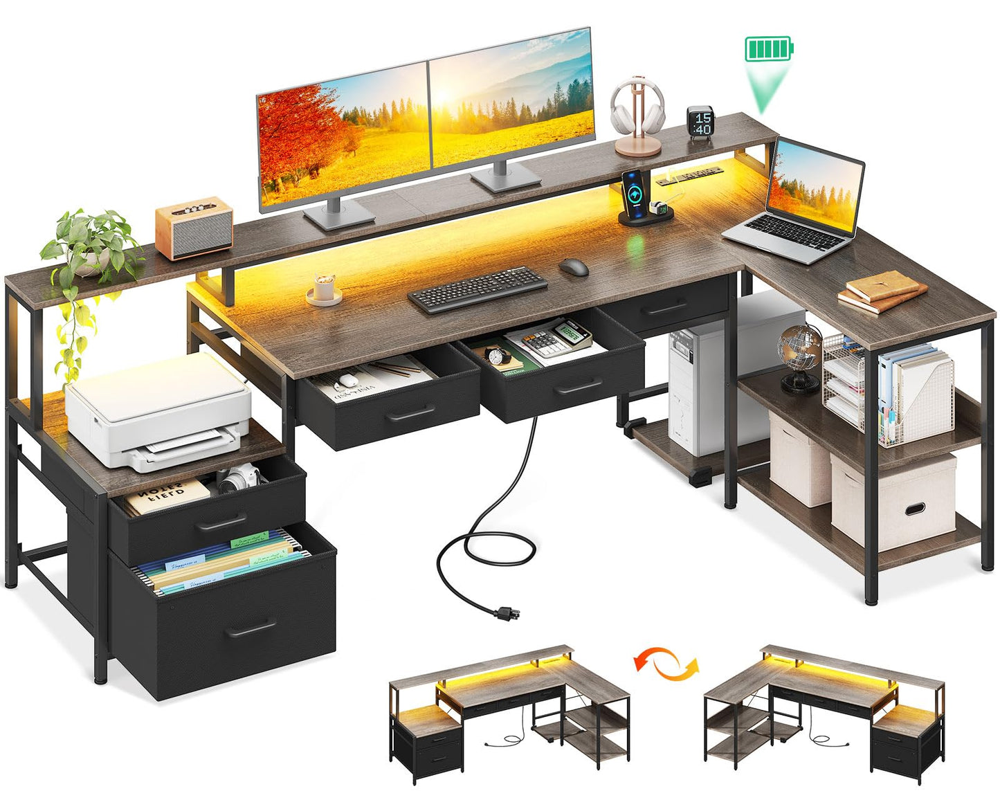 AODK L Shaped Desk with 5 File Drawers, 75" Reversible L Shaped Computer Desk with Power Outlet & LED Strip, Office Desk with Storage Shelves, Gaming Table with Monitor Shelf, Corner Table, Grey Oak