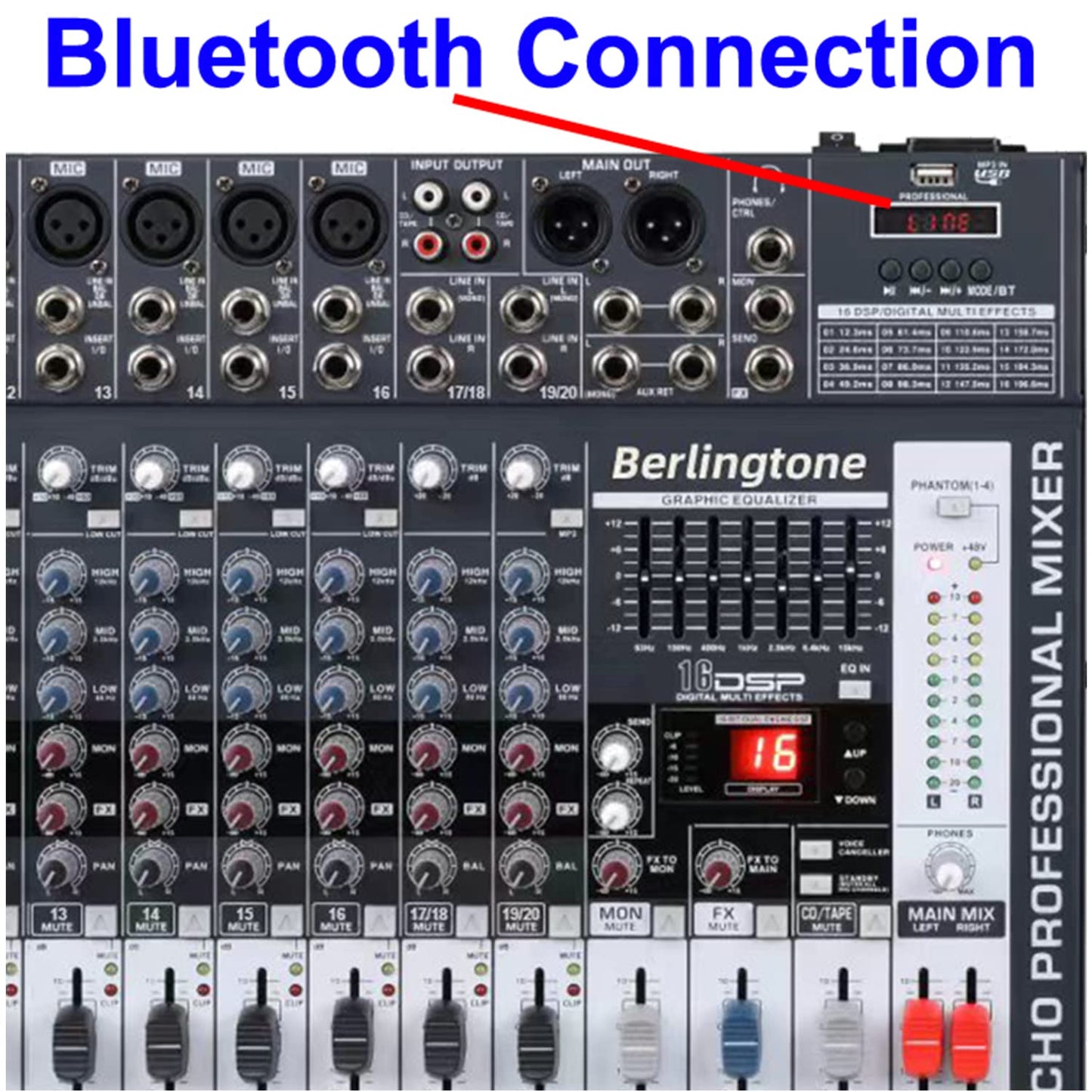 -Berlingtone,16 Channel Professional Bluetooth Studio Audio Mixer - DJ Sound Controller, USB MP3 Player, 14 Microphone Jack, 7 Band EQ, 16 BIT Digital FX, 48V Phantom Power, Unpowered (BR-166MX)