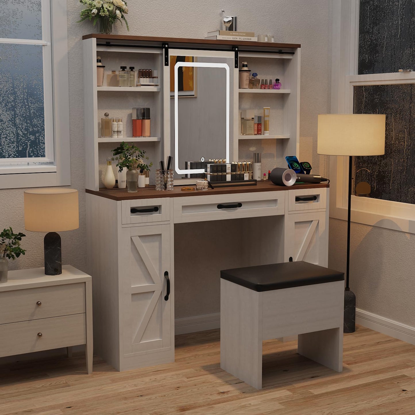 ALBAD Vanity Desk with Mirror and Lights Farmhouse Makeup Vanity Desk with Sliding Mirror and Vanity Stool Set Rustic Vanity Dresser with Organization and Storage Drawers and Power Outlet White