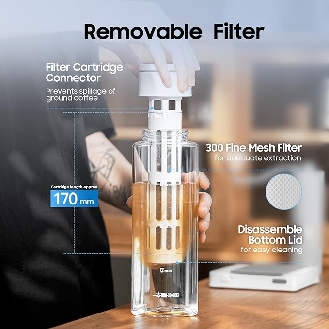 MHW-3BOMBER Cold Brew Coffee Maker Iced Coffee Tea Pitcher - 20oz Portable Brewing Coffee Cup with Filter - Reusable Tritan Material Bottle, Space-Saving Design, Black, CE6137B-OS