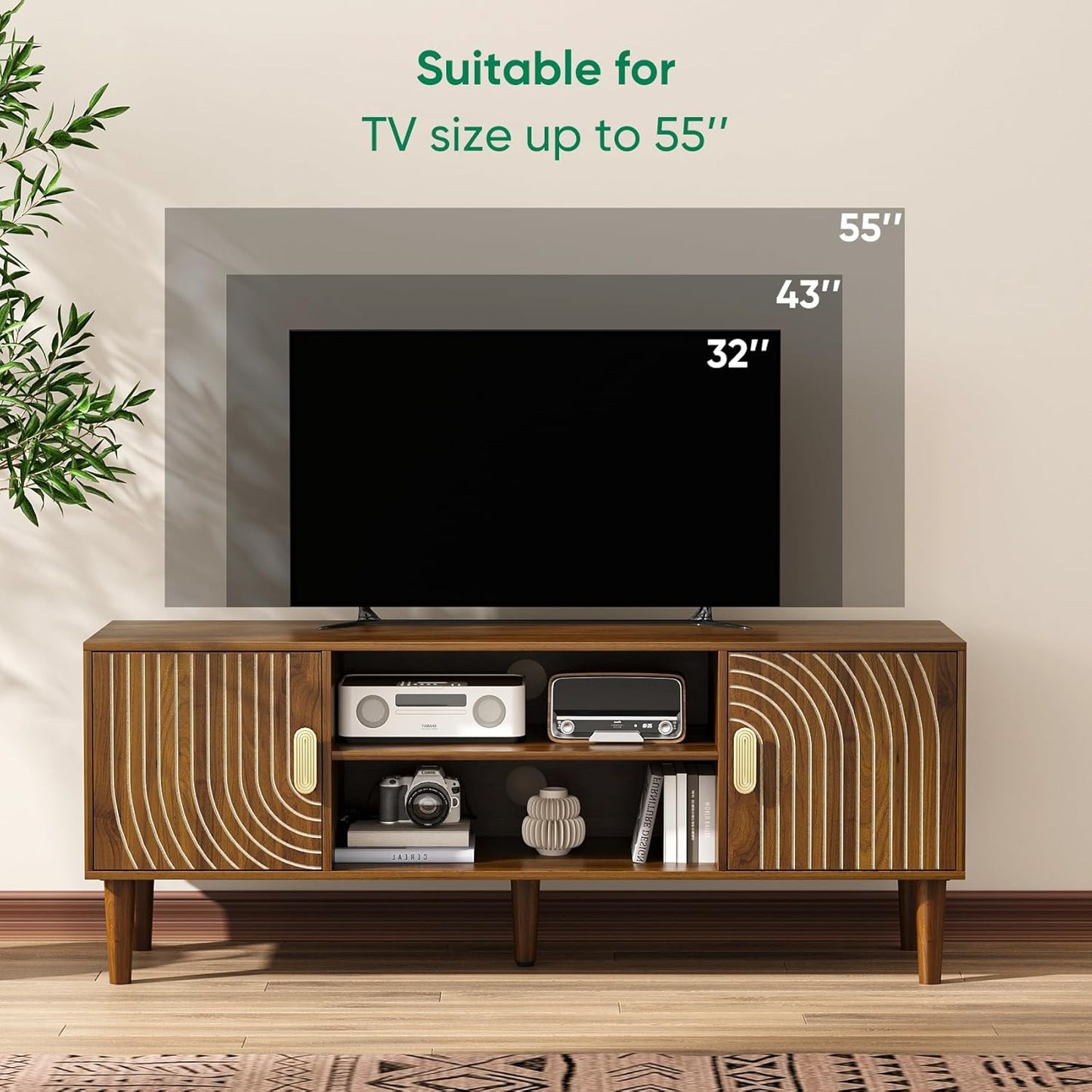 Algherohein 43" TV Stand for TVs up to 55 Inch, Entertainment Center with Storage and Adjustable Shelves, Modern Media Console for Living Room, Walnut