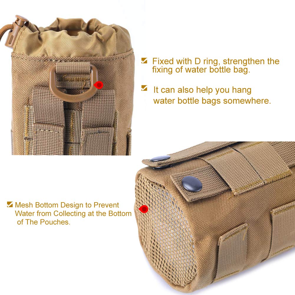 Upgraded Sports Water Bottles Pouch Bag, Tactical Drawstring Molle Water Bottle Holder Tactical Pouches, Travel Mesh Water Bottle Bag Tactical Hydration Carrier (Tan-1Pack)