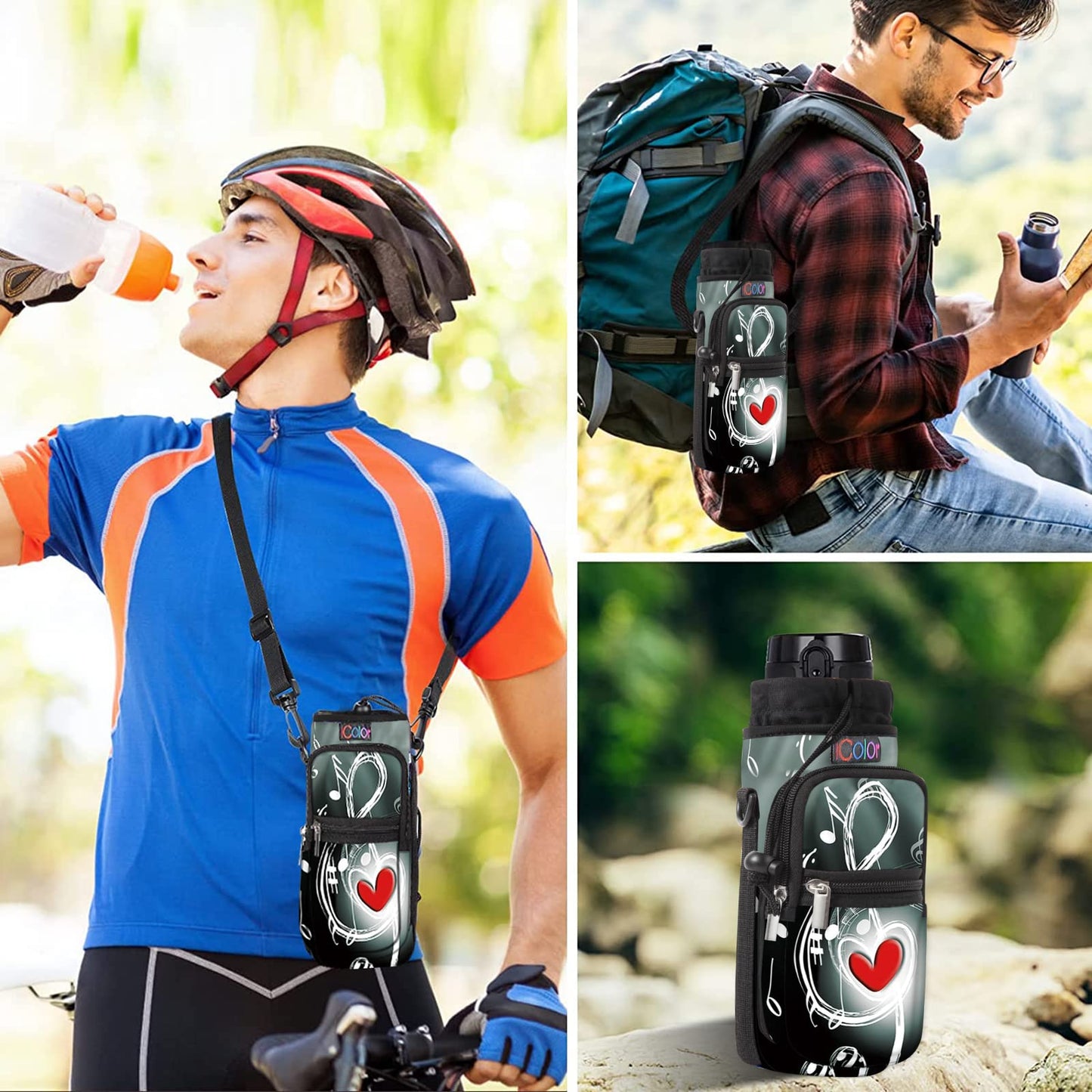 icolor Water Bottle Carrier Bag Holder 25/32/40/64oz,Adjustable Padded Shoulder & Handle Strap Sports Sling Hiking Pack,Insulated Neoprene Wide Mouth Bottle Sleeve