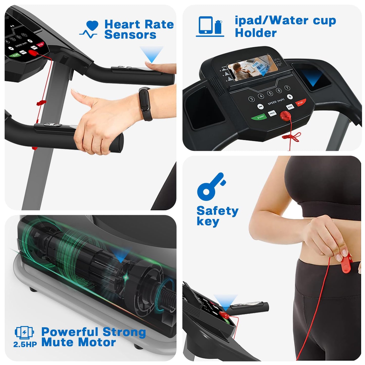 Anwick Treadmill, Metal M1: Foldable Home Treadmill, 2.5HP, 7.5MPH, 5" LCD, 250LB, Black, 12 Programs, Metal Frame, Hydraulic Rod Mechanism