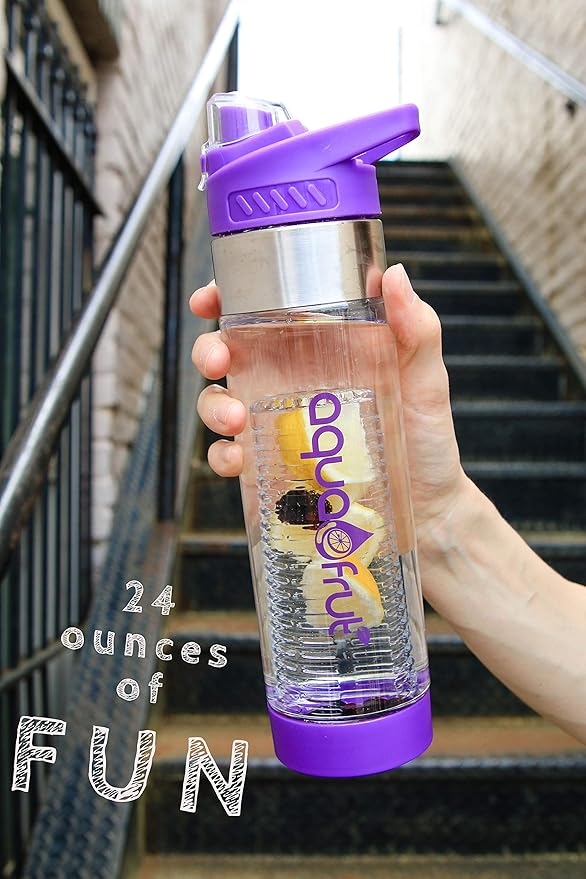 NEW AquaFrut Bottom Loading Fruit Infuser Water Bottle - BPA Free Tritan Plastic - Leak Proof - 24 OZ - Infusion Recipe eBook (Purple)