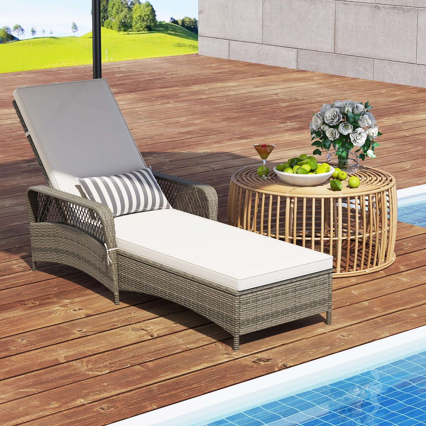 Toolsempire Wicker Chaise Lounge Chair Set of 2, Patio Rattan Recliner with 6-Position Adjustable Backrest, Soft Cushions, Removable Lumber Pillow & Armrests, Lounger Chair for Poolside & Backyard