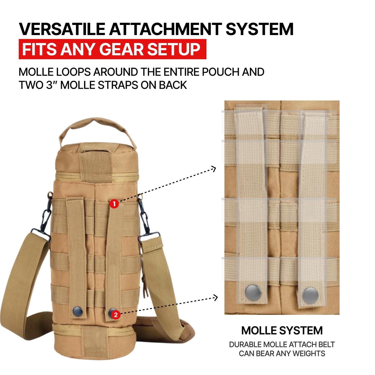 Orca Tactical Molle Water Bottle Pouch - Molle Water Bottle Holder with Strap - Water Bottle Carrier with Multiple Storage Options (Coyote Brown)