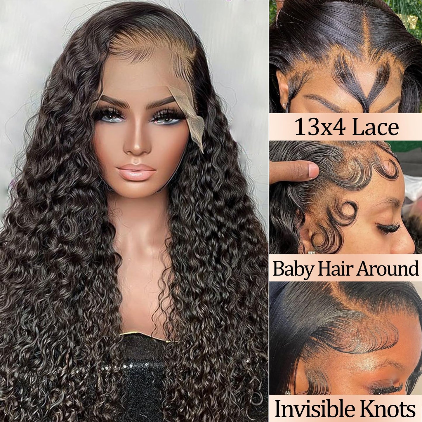 Aonou 13x4 Deep Wave Lace Front Wigs Human Hair Pre Plucked 180% Density HD Transparent Lace Closure Wigs Human Hair for Women 24 Inch Curly Frontal Wig Brazilian Virgin Human Hair (24 inch)