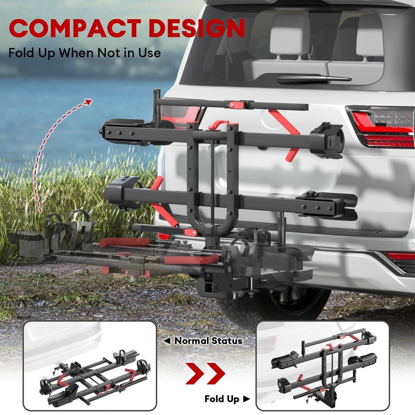 RoamEase Hitch 2 EBike Rack with Ramp, 170lbs Capacity Electric Bike Carrier Foldable for 2 Heavy Ebike, Up to 5-inch Fat Tire Bicycle, 2" Receiver for Car, SUV, RV, Truck, Black
