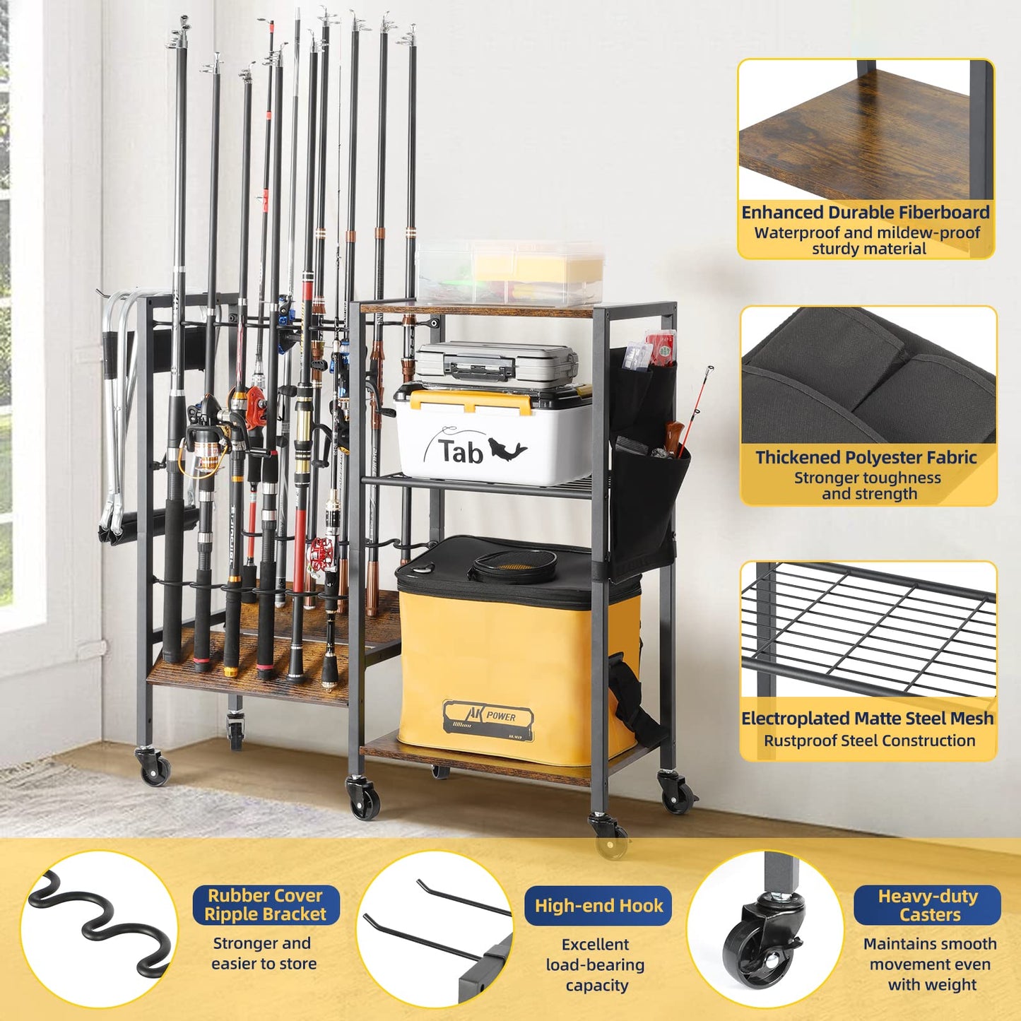 Olakee Fishing Rod Holders Fishing Gear Fishing Equipment Organizers Fishing Pole Holders Fishing Rod Tackle Cart for Garage Home Entryway Corner