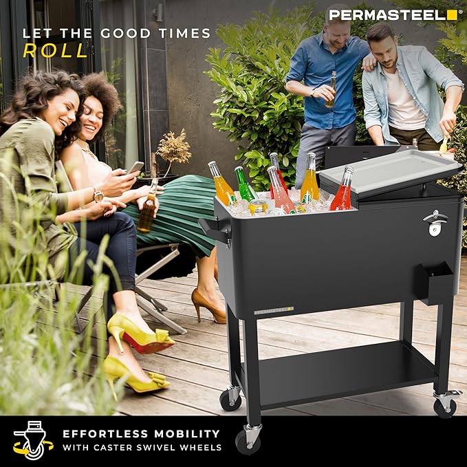 Permasteel Party Cooler with Removable Basin, Spacious 80-Qt Capacity, Rolling Ice Chest for Indoor and Outdoor Entertainment Black + Bonus Cover