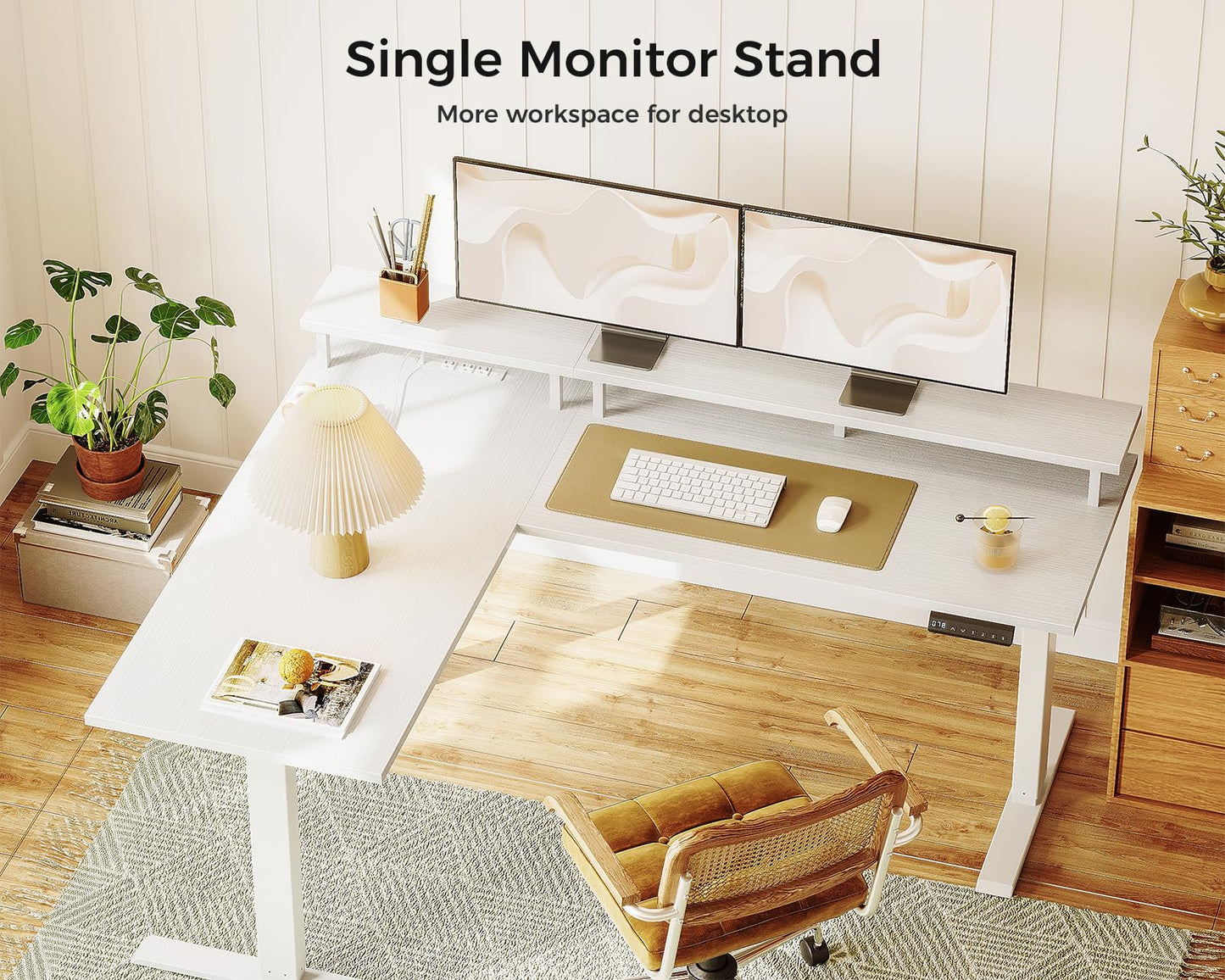 AODK Electric L-Shaped Standing Desk, 59 Inch Height Adjustable Office Desk with Monitor Stand, Sit-Stand Desk with Power Outlets, Large Lift Table for Home, Office, Workstation, White