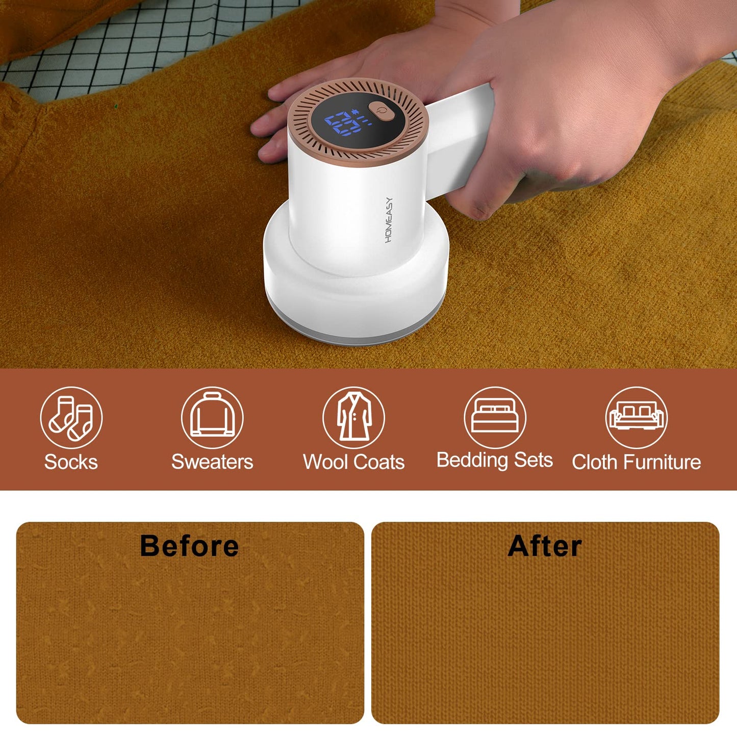 Fabric Shaver Fuzz Remover Rechargeable, HOMEASY Electric Lint Remover Shaver with 3 Blades & LED Digital Display, Sweater Couch Fabric Pill Shaver for Sweater, Couch, Furniture (White)