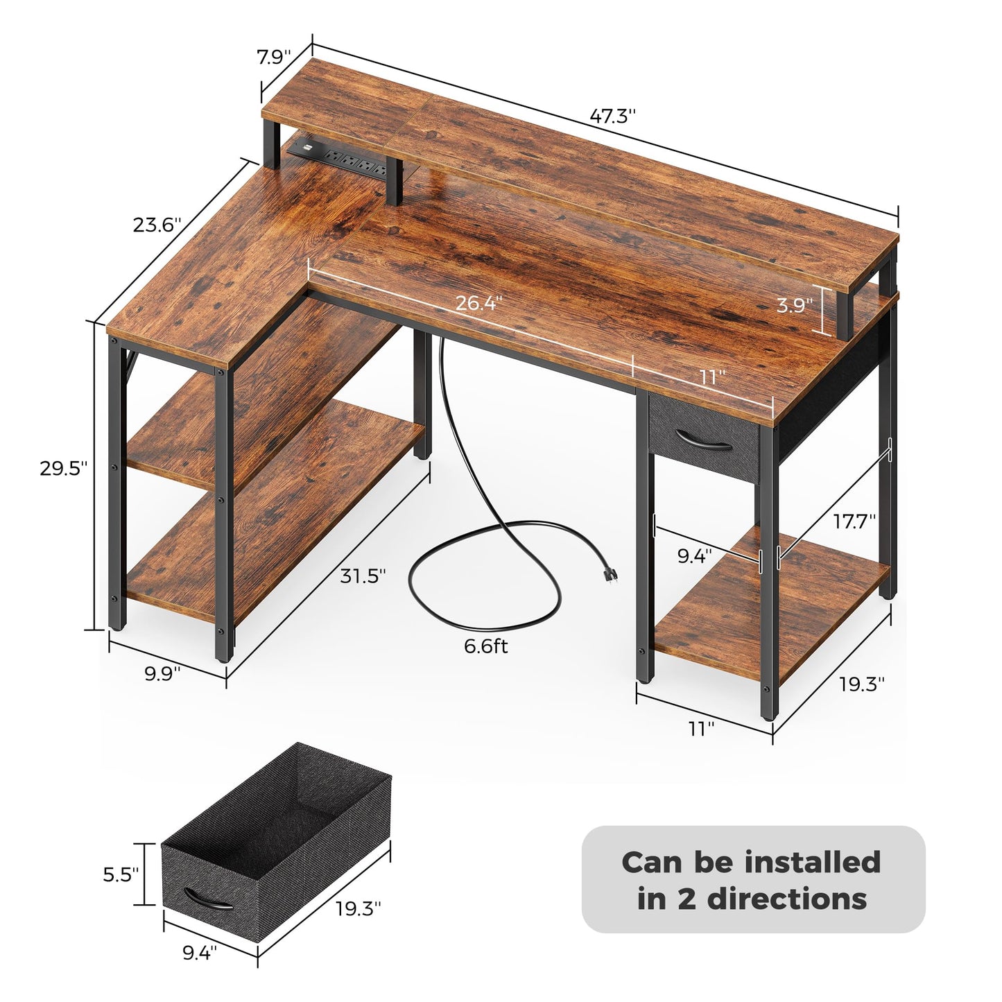 SUPERJARE 47 inch Reversible L Shaped Desk with LED Lights & Power Outlets, Computer Desk with Shelves & Monitor Stand, Gaming Desk with Drawer, Home Office Desk Corner Desk, Rustic Brown