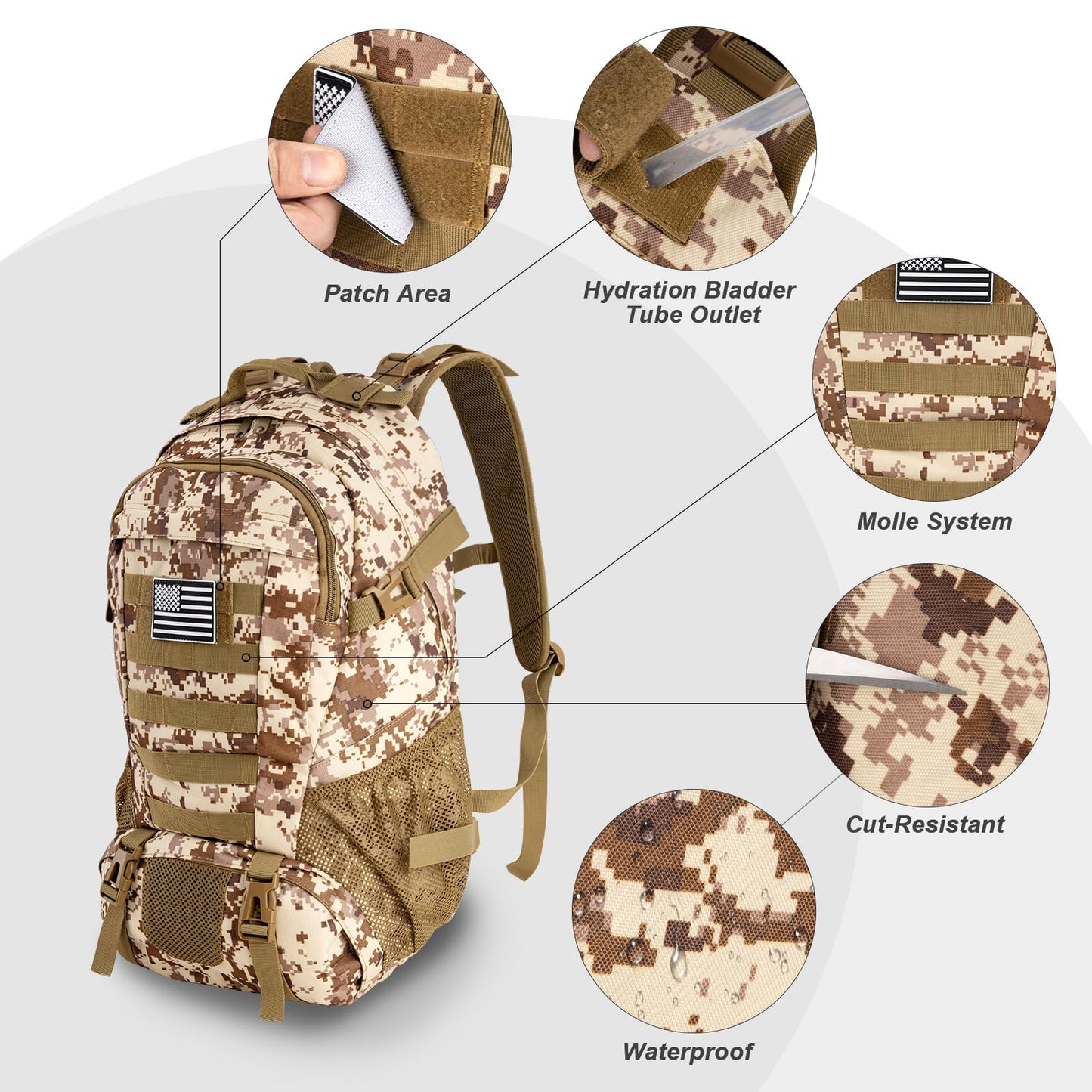 Jueachy Tactical Backpack for Men Hiking Day Pack Molle Military Rucksack Waterproof 30L EDC Bag with USA Flag Patch Desert Camo Style
