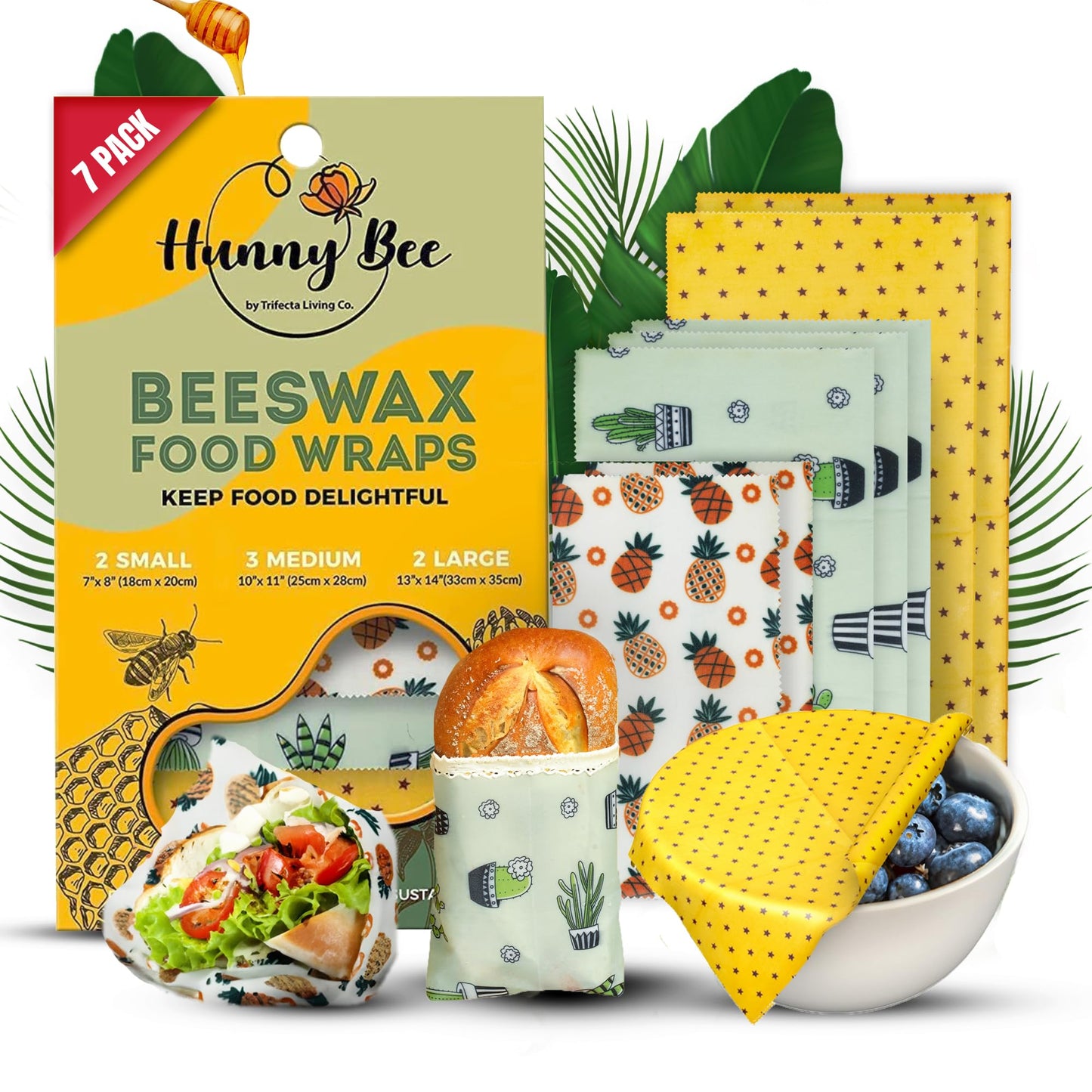 Trifecta Living Co. Versatile Beeswax Wraps,Set of 7-Fresh Food Keeper, Durable & Easily Cleaned, Sustainable Step Towards a Zero-Waste Kitchen, Unique Designs (Pineapple, Cactus, Star)