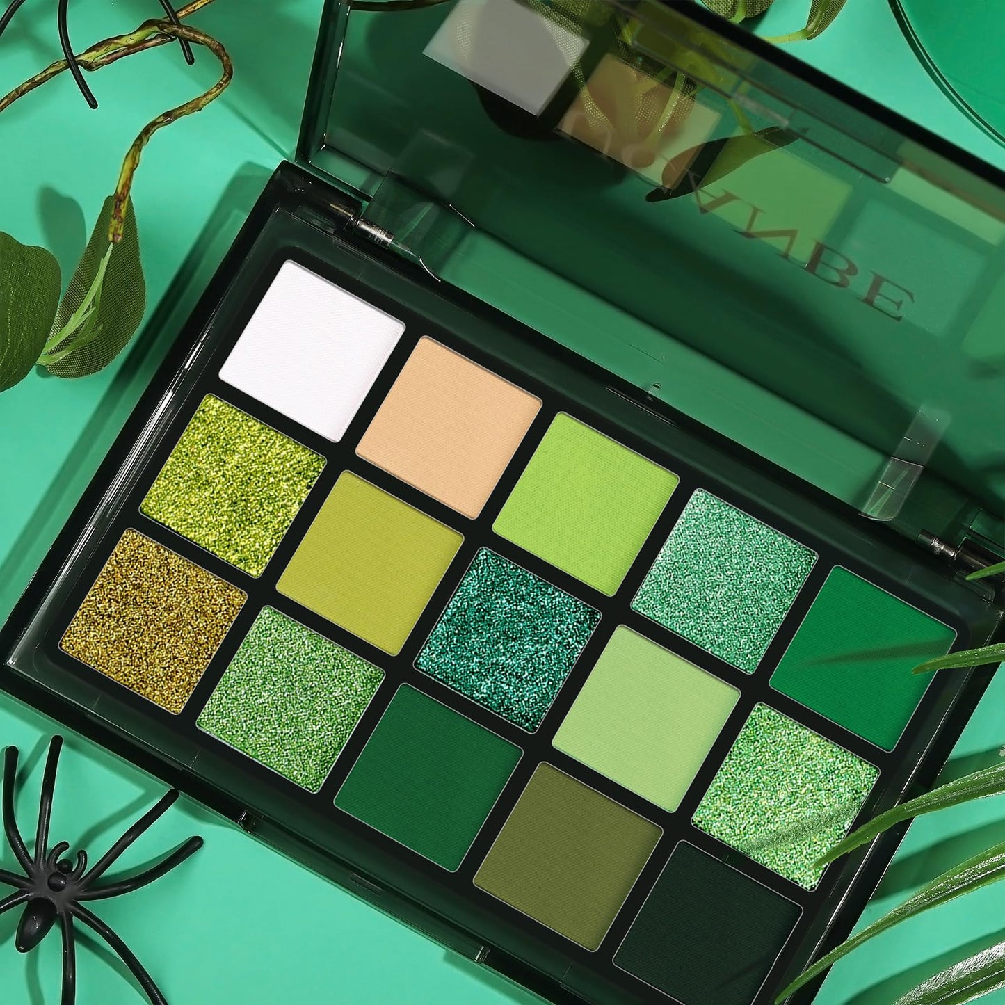 UCANBE Green Eyeshadow Makeup Palette, 15 Colors Bright Dark Green Shimmer Matte Metallic Glitter Eye Shadow, Forest Emerald Lime Pallet Kit for Cosplay Parties Christmas Halloween SFX