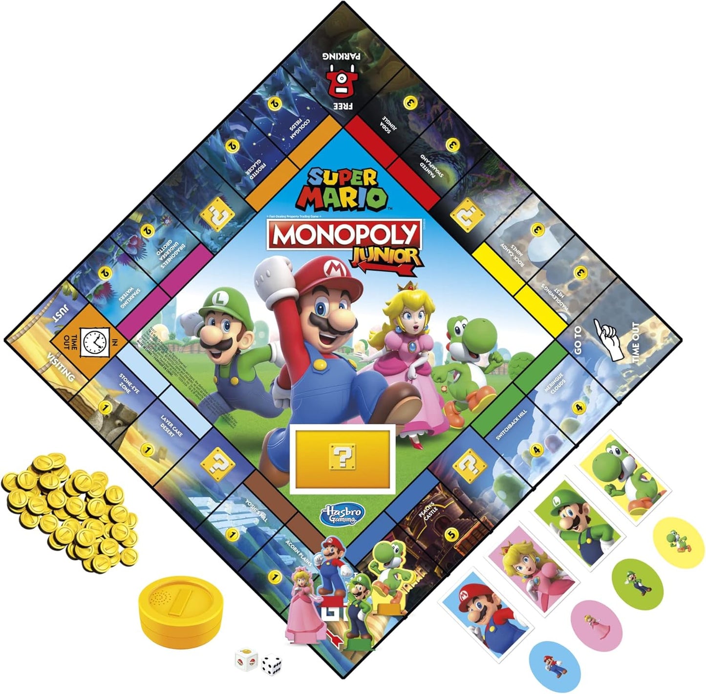 Monopoly Junior Super Mario Edition Board Game, Fun Kids' Ages 5 and Up, Explore The Mushroom Kingdom as Mario, Peach, Yoshi, or Luigi (Amazon Exclusive)