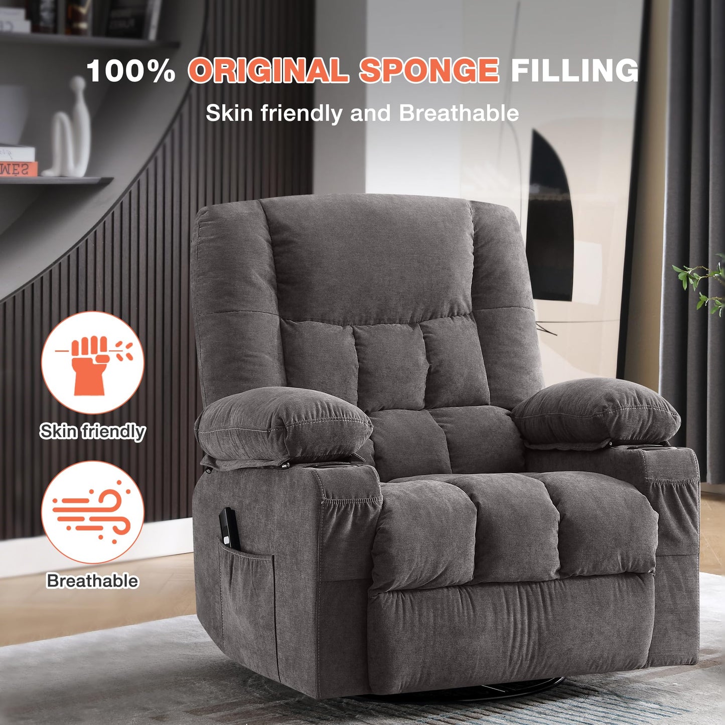 Power Swivel Recliner Chair with Rocking Function for Living Room, Oversized Rocker Recliner Single Sofa with Ergonomic, Side Pocket, Two Cup Holders and USB Charge Port for Adults