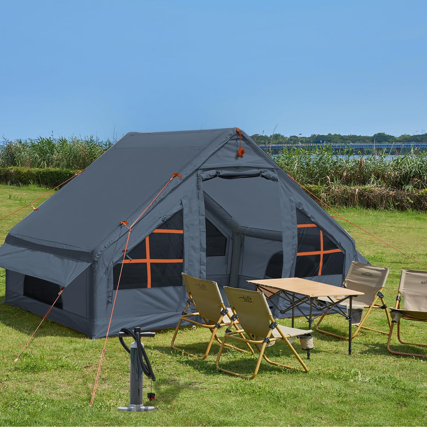 Inflatable Tent with Pump, 4-6 Person Glamping Camping Tents House, Easy Setup Blow Up Family Tents for 4 Seasons Waterproof Inflatable Tent for Camping with Mesh Windows.