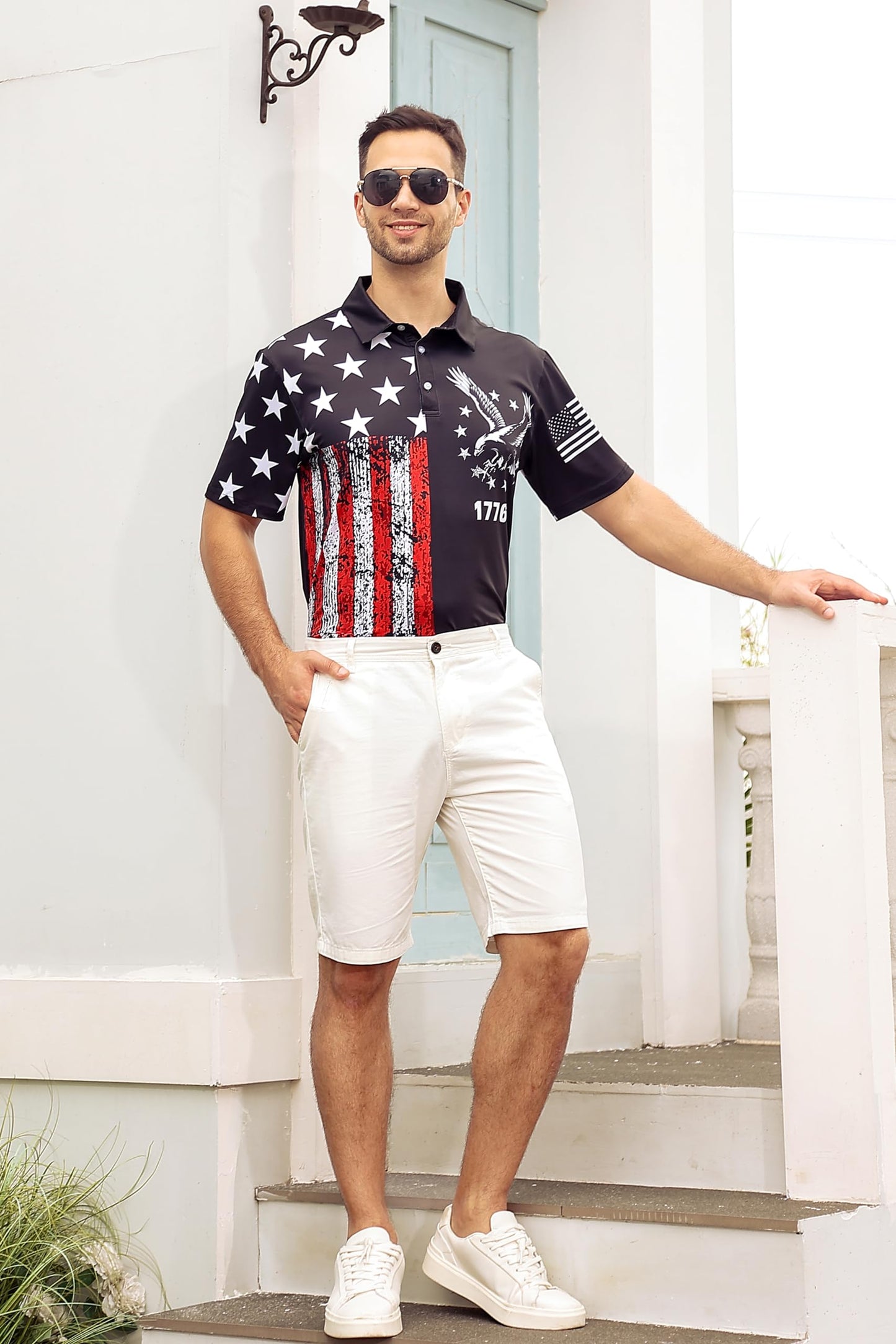 Seadodo Mens Patriotic Golf Shirts 1776 American Flag Printed Polo Shirt USA 4th of July Short Sleeve Outfit