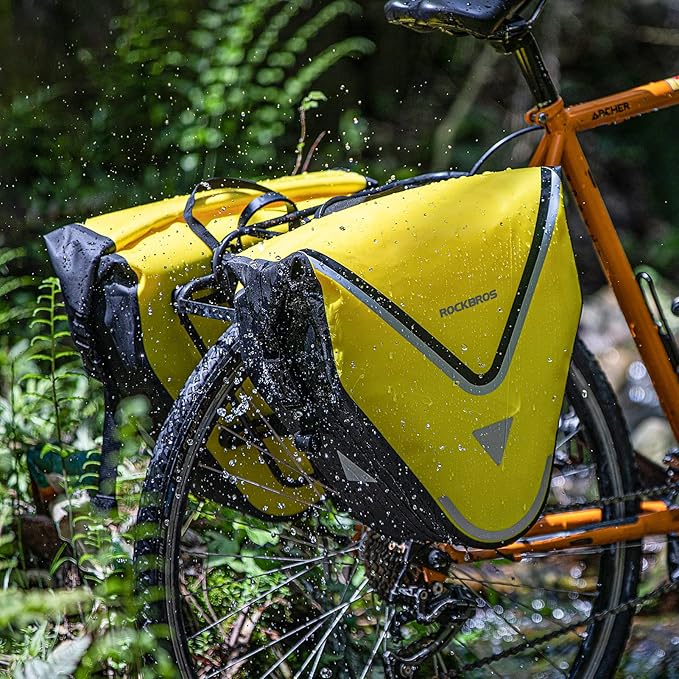 ROCKBROS Bike Pannier Waterproof 27L Large Capacity Bike Bag Rear Rack Bicycle Pannier Bag Waterproof for Grocery Touring Cycling Triangle Yellow*1