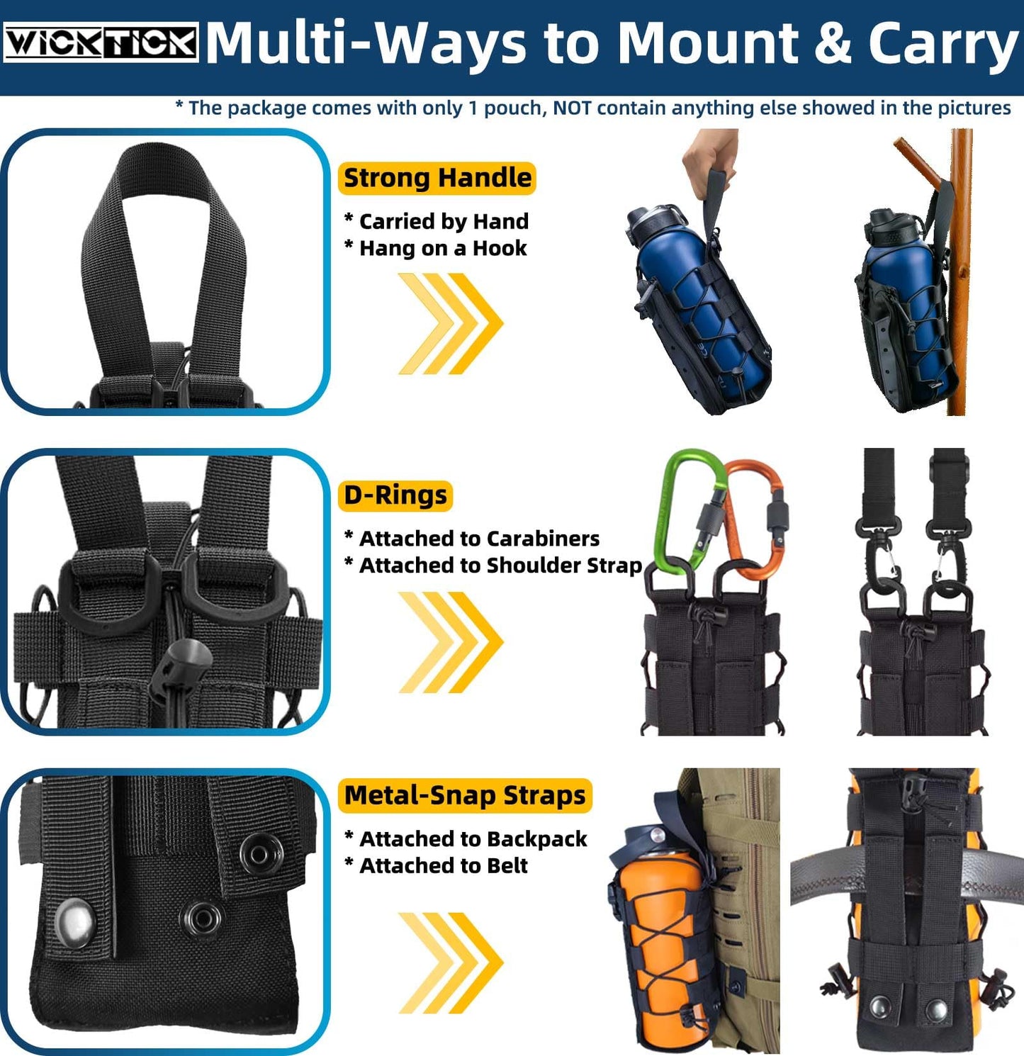 WICKTICK Molle Water Bottle Holder Pouch 16 24 32 40 64 oz - Multi-Purpose Tactical Fuel Bottle Bag, Adjustable Size for Outdoor Activities, Adapted to Backpack/Vest/Belt (Black, Enhanced)