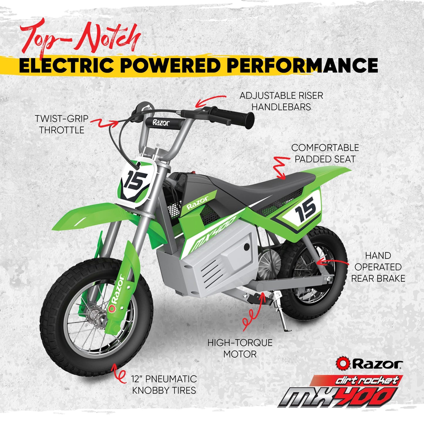 Razor MX400 Dirt Rocket – 14 MPH (22 KMH) Off-Road Electric Dirt Bike, High-Torque Motor, 30 Min Ride Time, Adjustable Handlebars, Ages 13+, Green