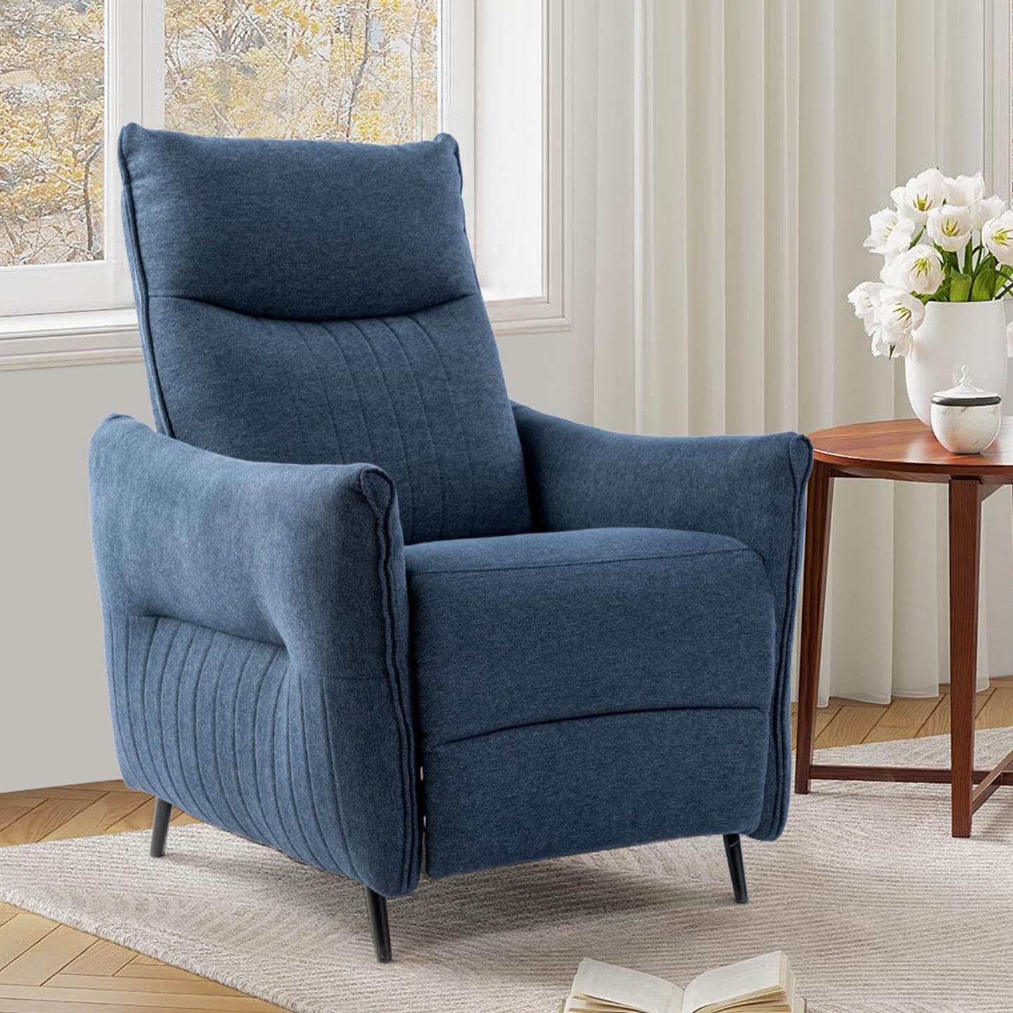 Glitzhome Push Back Recliner Chair Set of 2, Fabric Reclining Single Sofa for Adults Home Theater Seating with 3-Position Adjustable Footrest & Backrest, Wide Seat, Navy Blue