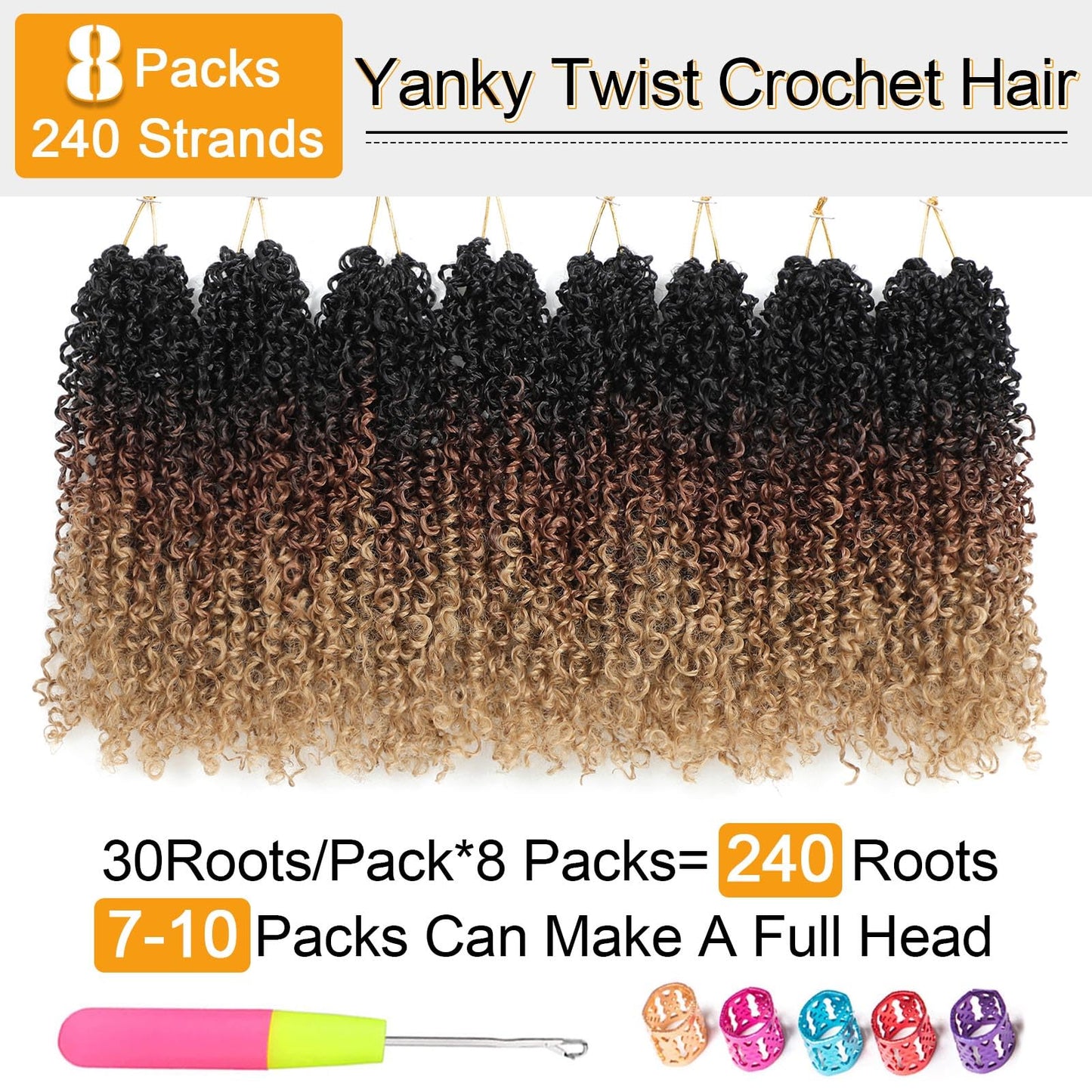 Aksice Yanky Twist Crochet Hair for Women 12 Inch 8 Packs Pre-looped Mini Twist Hair Bohemian Passion Twist Crochet Hair Boho Crochet Braids Synthetic (1B/30/27)