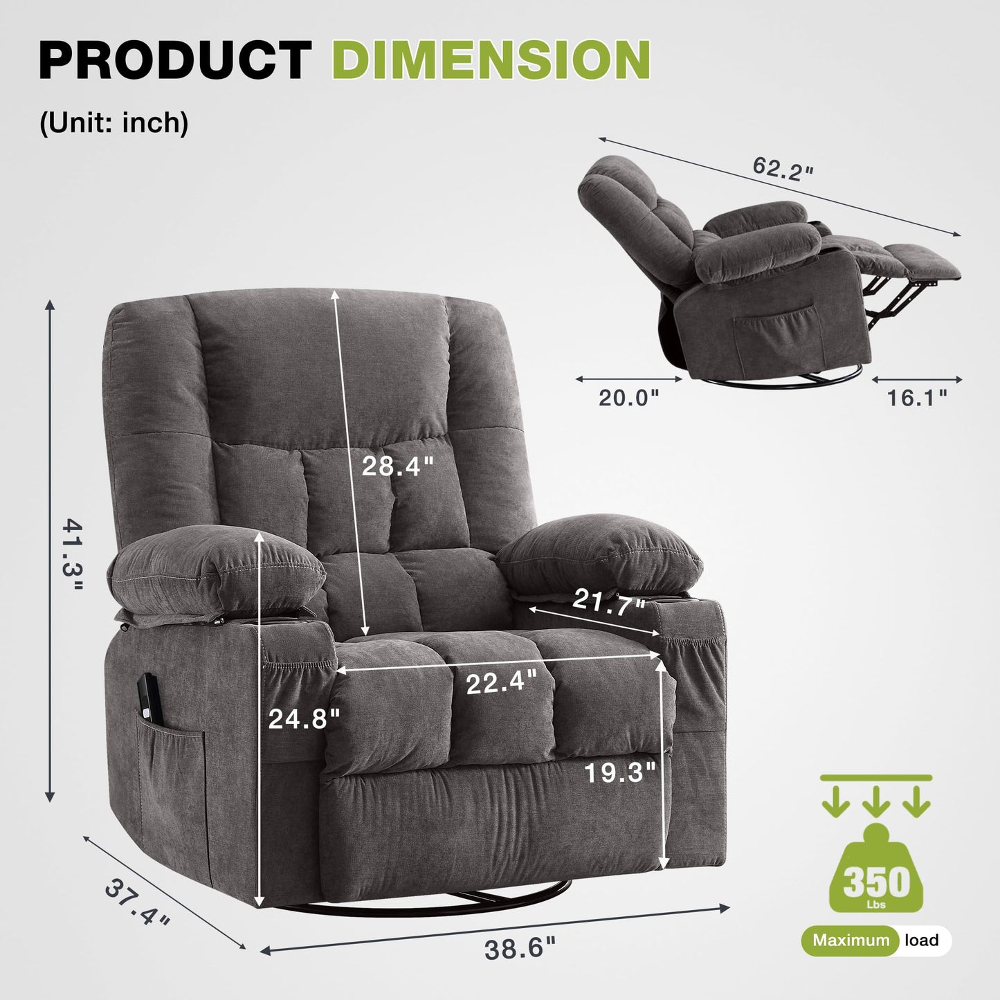 Power Swivel Recliner Chair with Ergonomic for Adults, Oversized Recliner Single Sofa with Rocking Function, Side Pocket, Two Cup Holders and Remote Control for Living Room
