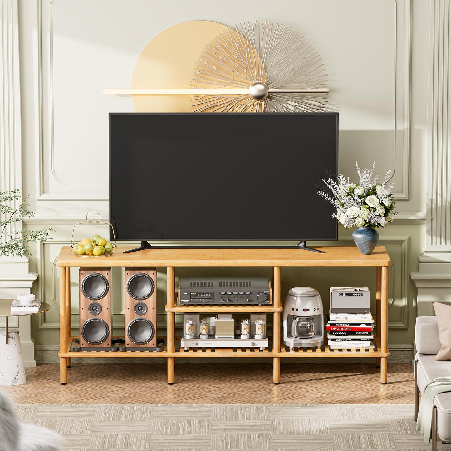Amazer Bamboo TV Stand for 60 65 Inch TV, Entertainment Center with 3 Tier Open Storage Shelf, Wood TV Table for Living Room, Bedroom