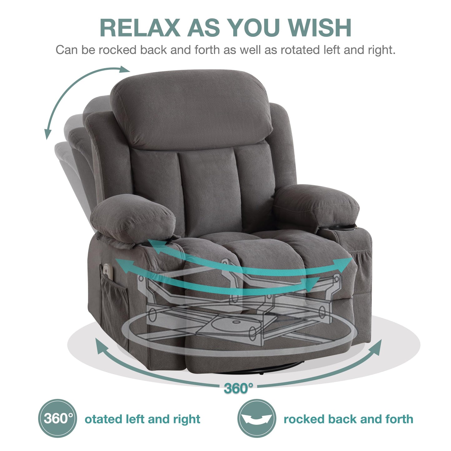 BOSMILLER Massage Recliner Chair, Swivel and Rocking Recliner with Heat and Vibration, Breathable Fabric Ergonomic Single Sofa Chair for Living Room with Cup Holders, Side Pockets and USB (Grey)